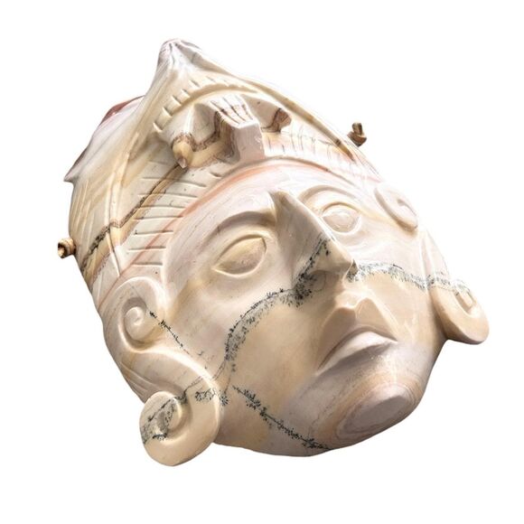 Hand Carved Cream Colored African Onyx Marble Style Wall Hanging Face Mask - Picture 2 of 6